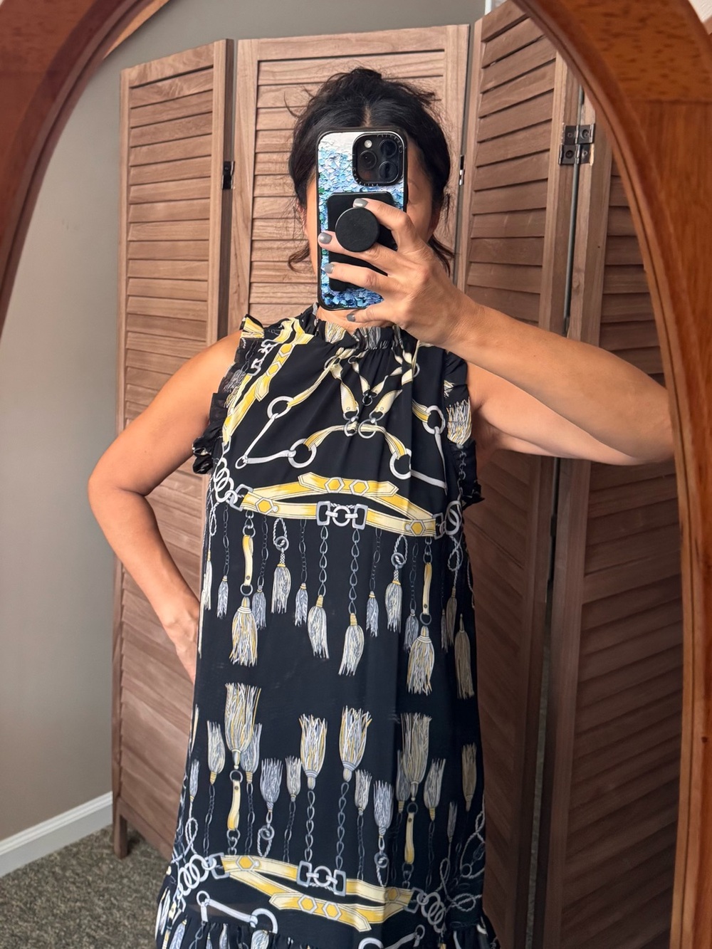 Tyche Black Sleeveless Midi Dress with Yellow and Cream Chain Tassel Print
